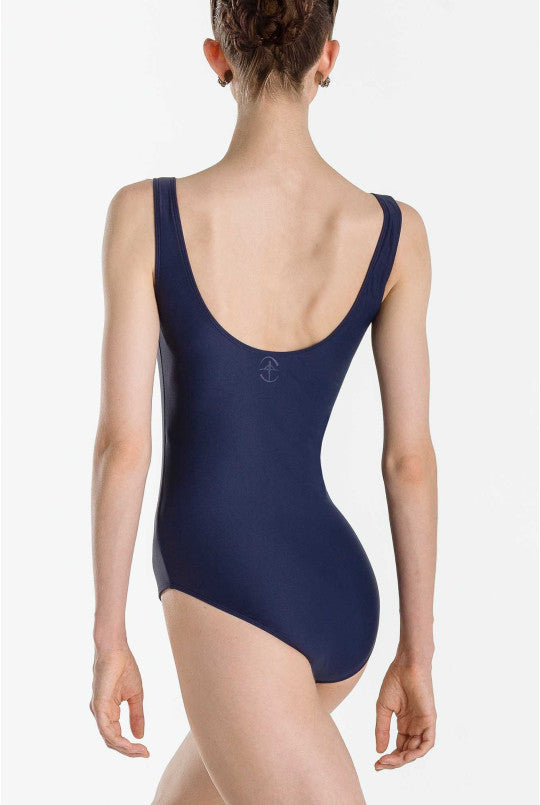 Navy leotard worn by a model on a white background