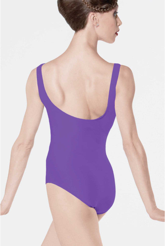Person wearing a purple leotard on a white background