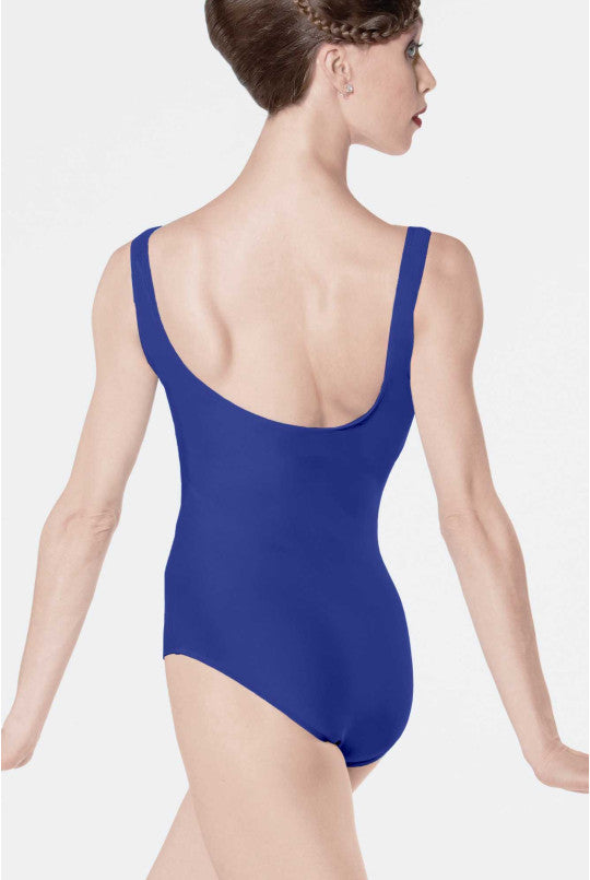 Person wearing a royal leotard on a white background