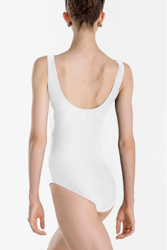 White leotard worn by a model on a white background