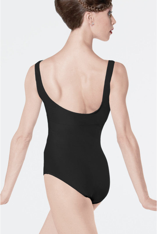 Black leotard worn by a model on a white background