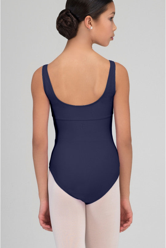 Person wearing a navy blue leotard on a plain background