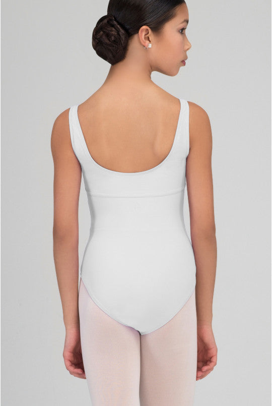 Person wearing a light gray leotard and pink tights on a plain background
