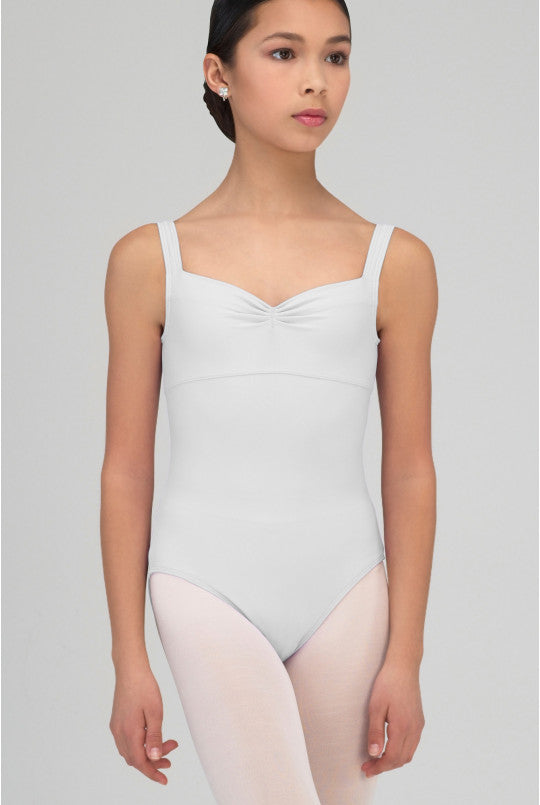 Person wearing a light gray leotard and white tights on a plain background