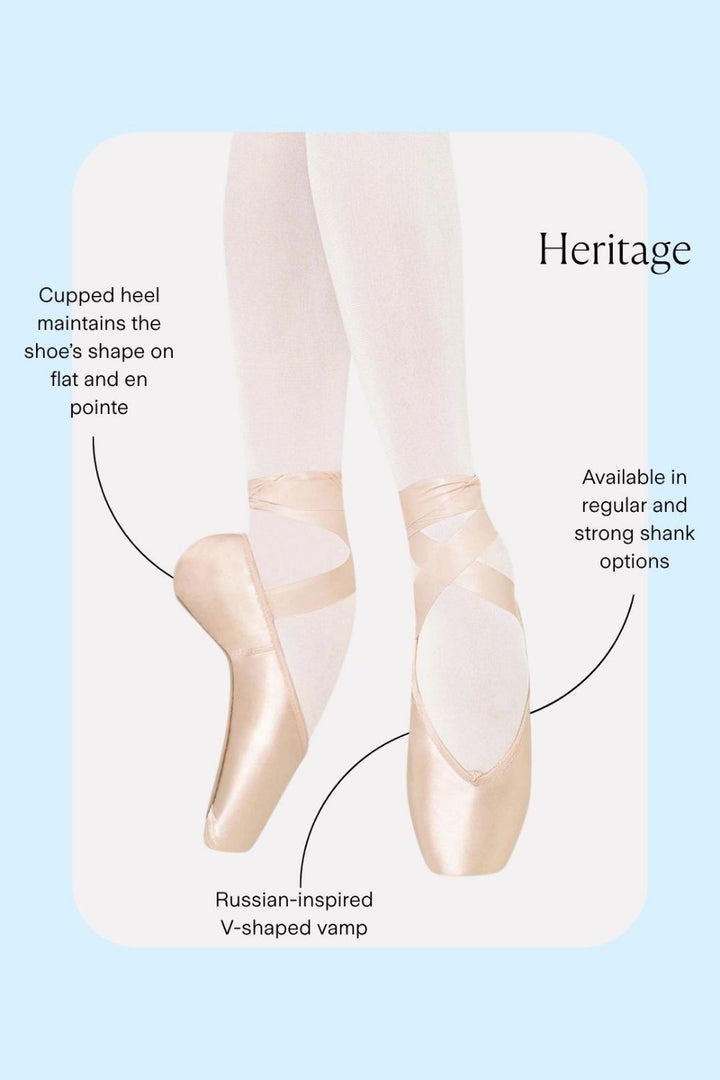 A product information graphic showing a pair of ballet pointe shoes on feet, with callout lines and text explaining the cupped heel and Russian-inspired V-shaped vamp. The background is a very light blue with a white rounded rectangle framing the shoe photo.