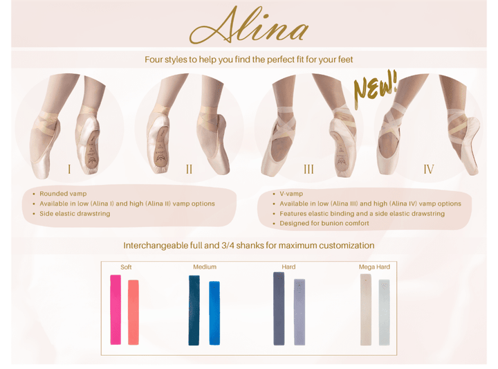 Ballet shoe style guide with four styles and customization options on a light pink background.