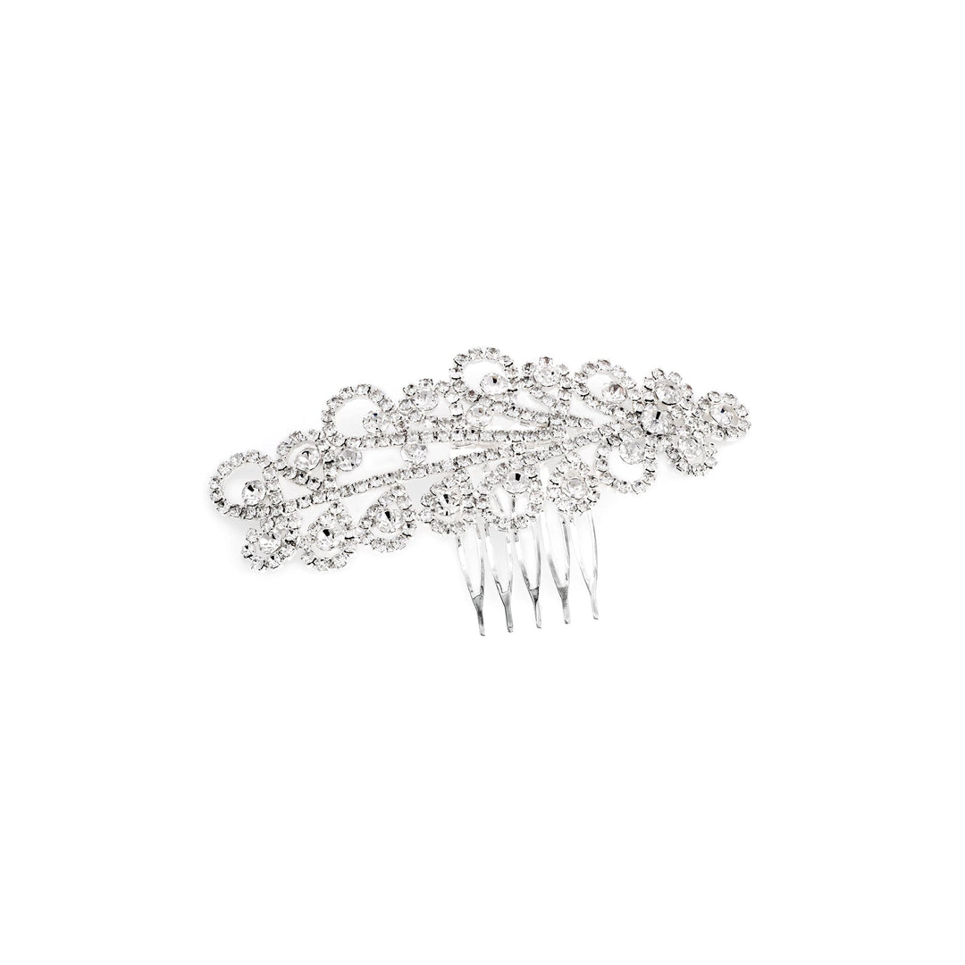 Silver hair comb with crystals on a white background