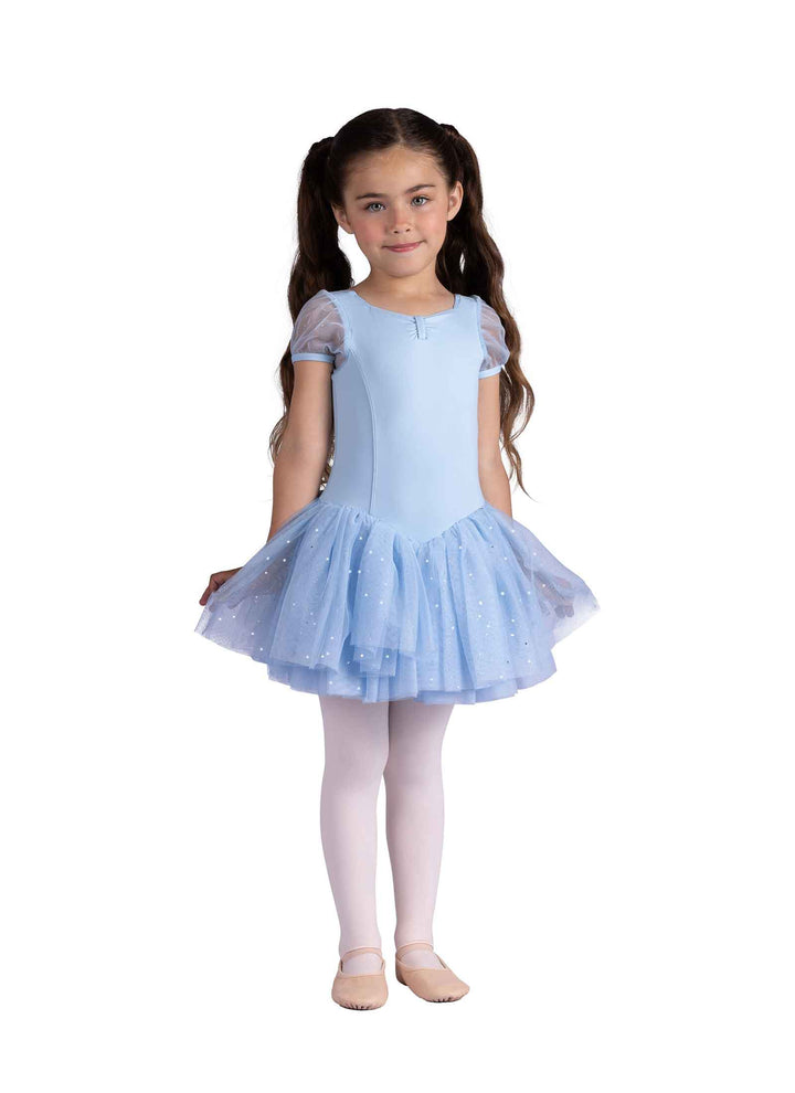 Young girl in a light blue ballet dress on a white background