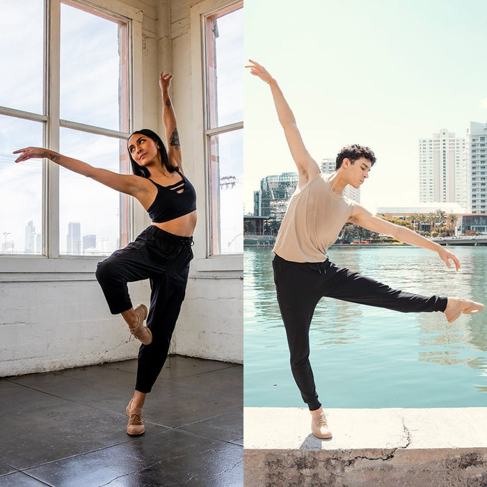 Two dancers in different settings, one indoors by a window, the other by a waterfront.