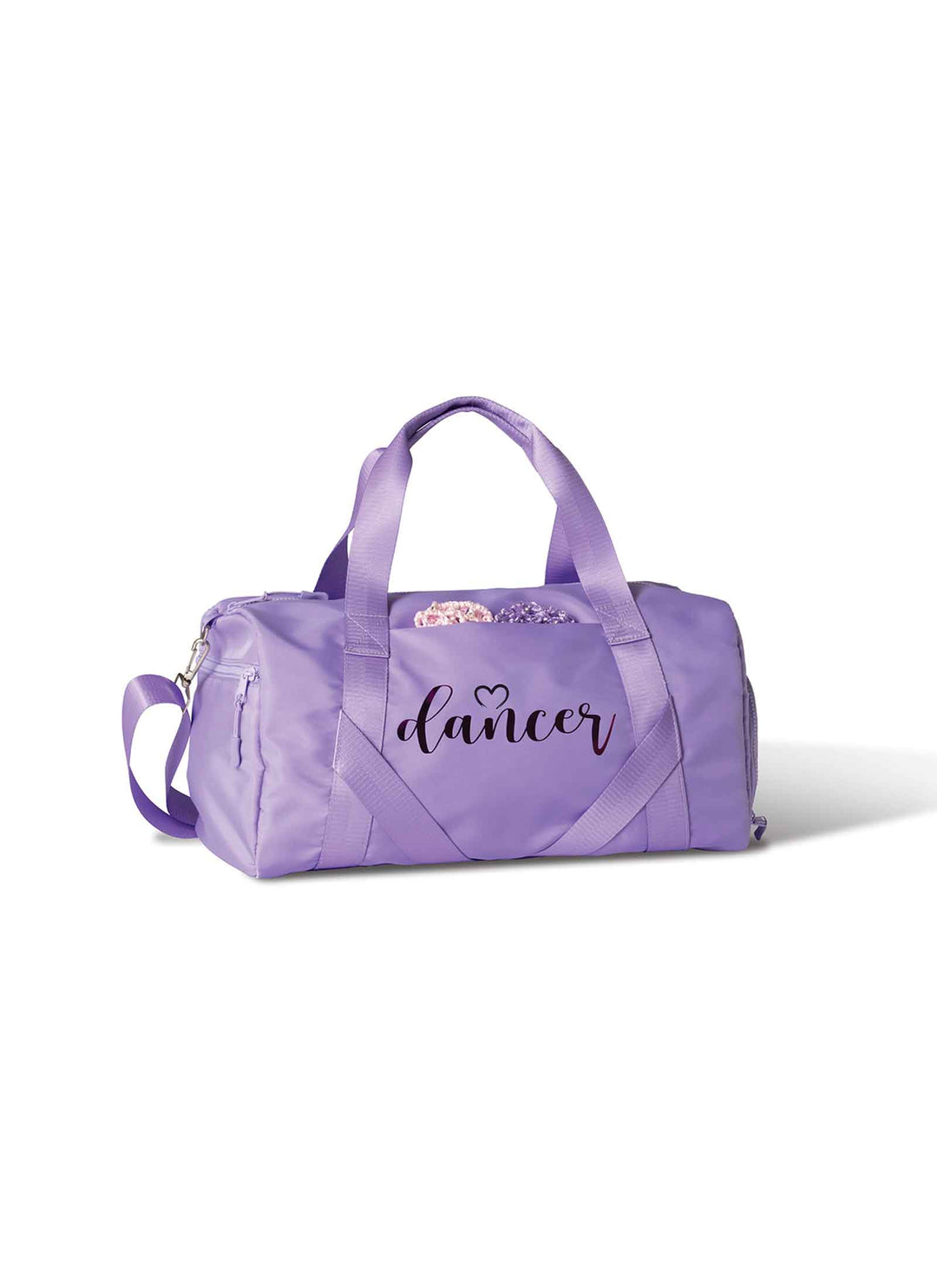 Purple duffel bag with 'dancer' text on a white background