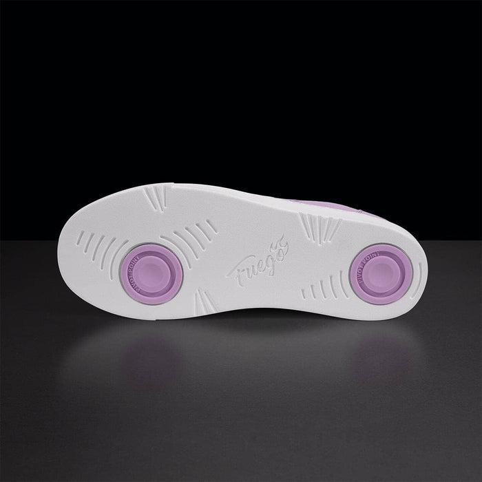 White shoe sole with purple accents and 'Fugit' branding on a dark background