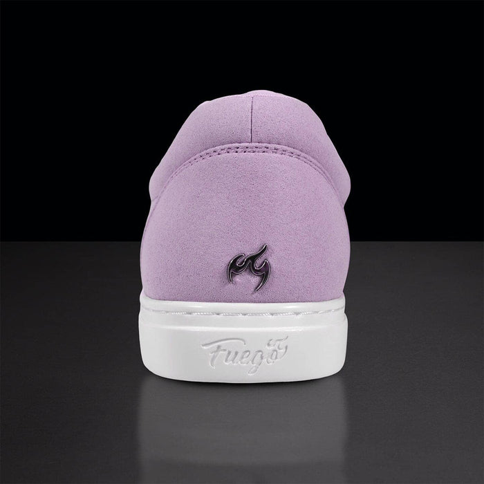 Purple sneaker with a white sole on a black background
