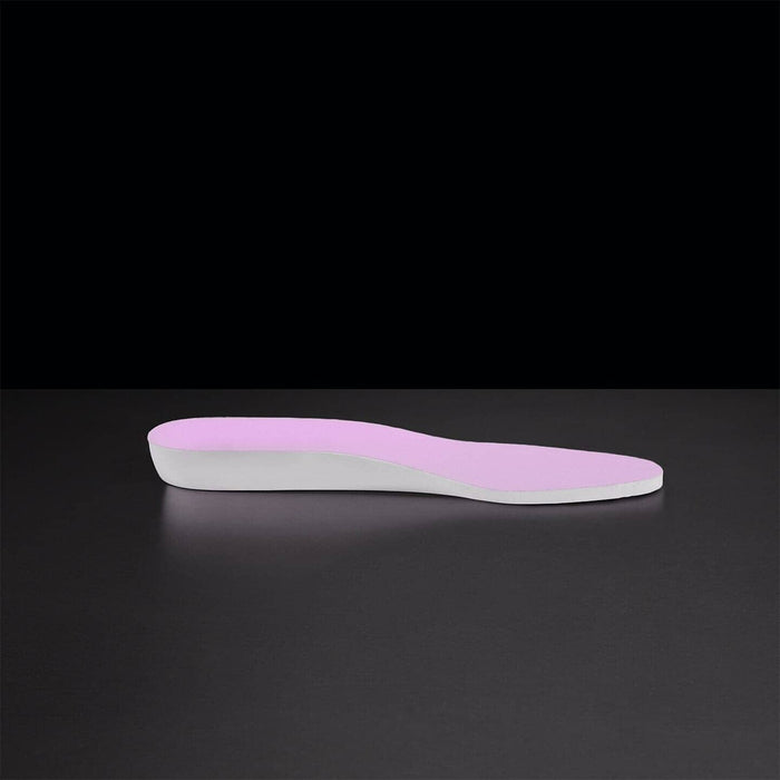 Elevated shoe sole with pink and gray insole on a black background