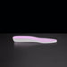 Elevated shoe sole with pink and gray insole on a black background