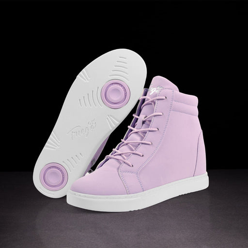 Pair of lavender high-top sneakers with white soles on a black background