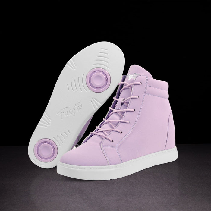 Pair of lavender high-top sneakers with white soles on a black background