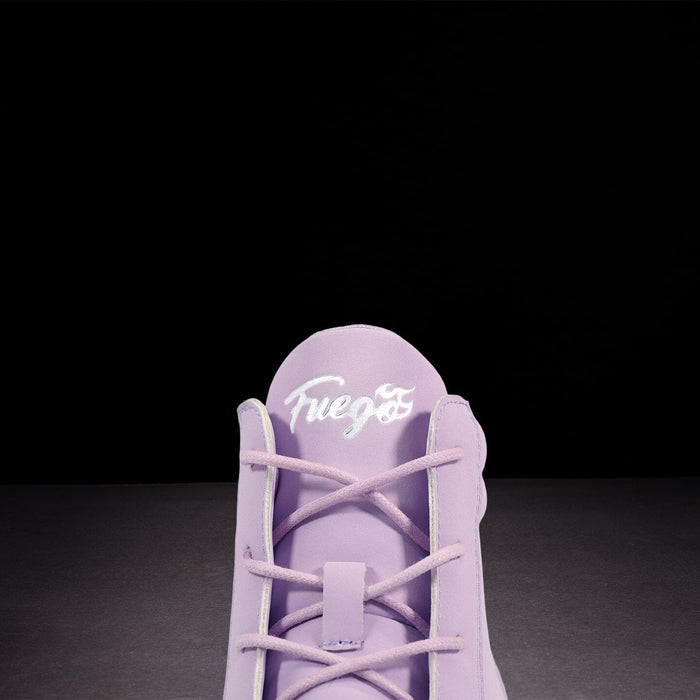 Purple sneaker with 'Fuego' branding on a black background