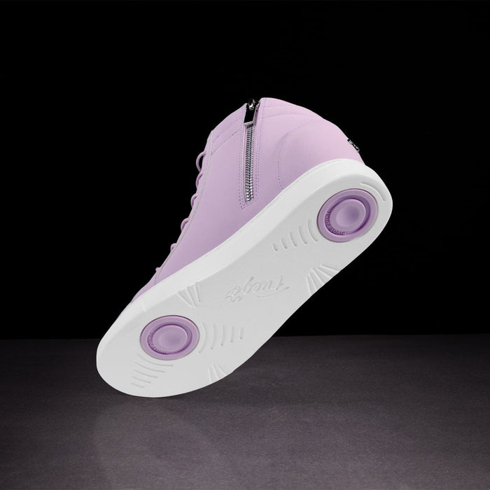Purple high-top sneaker with white sole on a black background