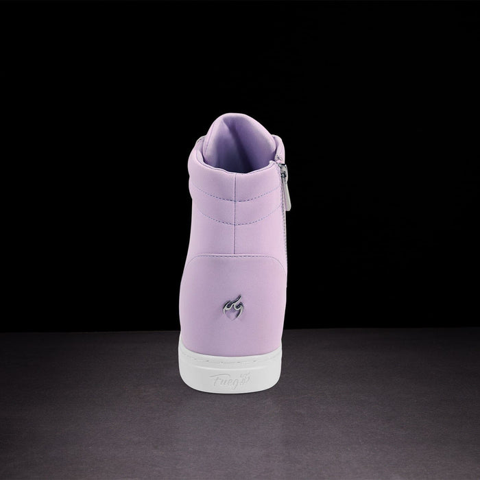 Purple high-top sneaker with a brand logo on a dark background