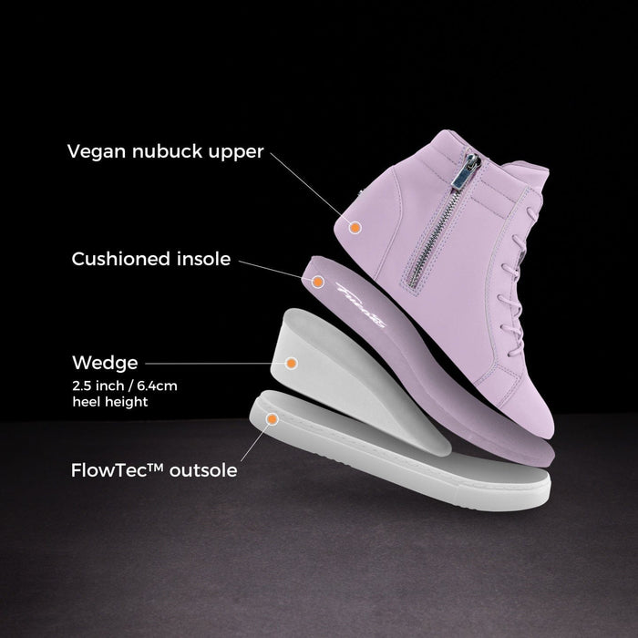 Purple high-top sneaker with features highlighted on a black background