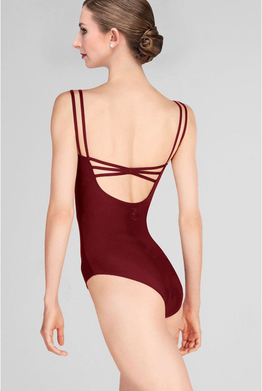 Burgundy swimsuit with thin straps on a gray background