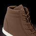 Brown high-top sneaker with white sole on a black background