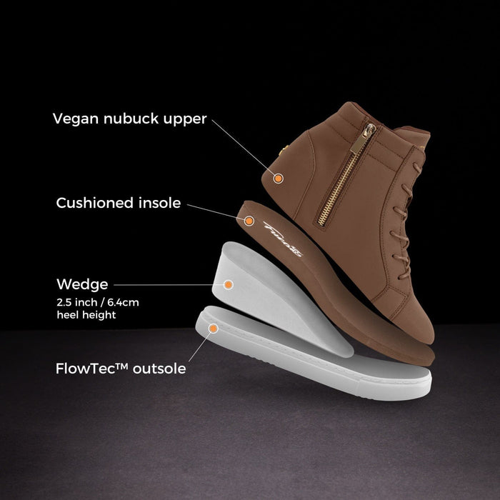Brown high-top sneaker with features highlighted on a black background