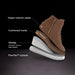 Brown high-top sneaker with features highlighted on a black background