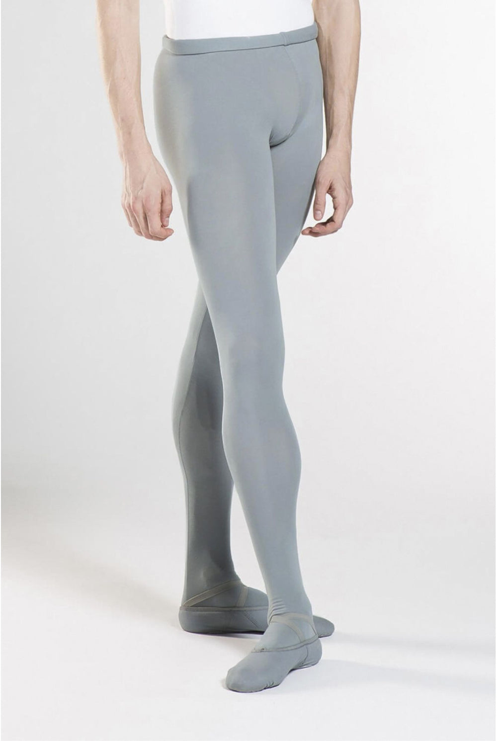 Person wearing gray tights on a white background