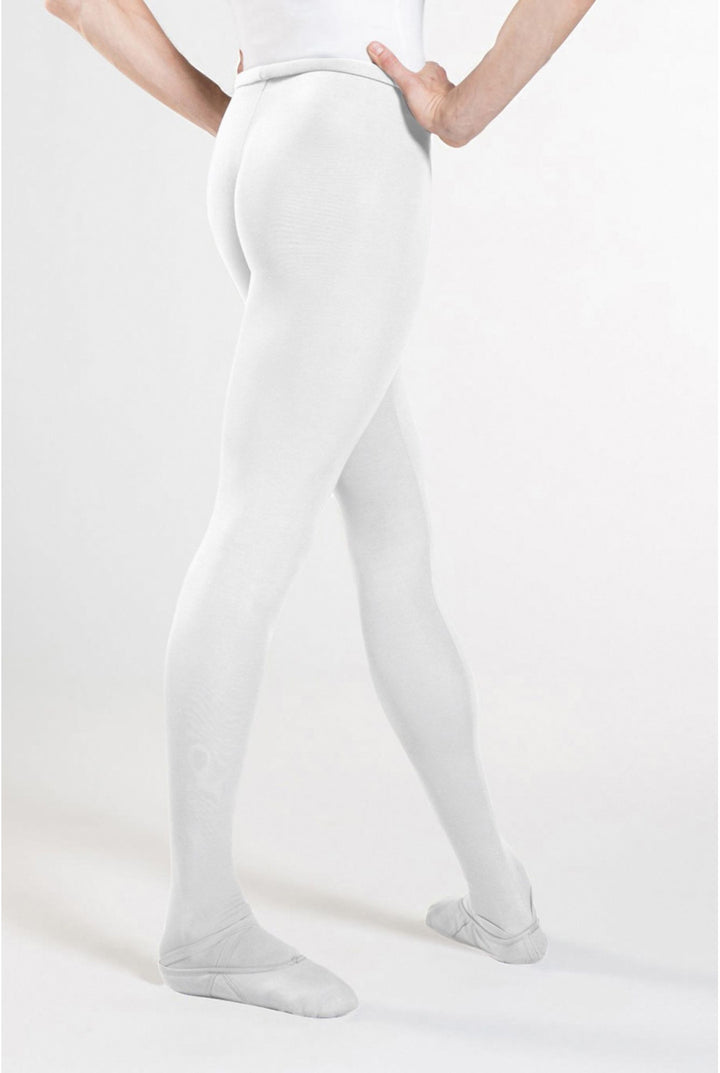 White tights worn by a person on a white background