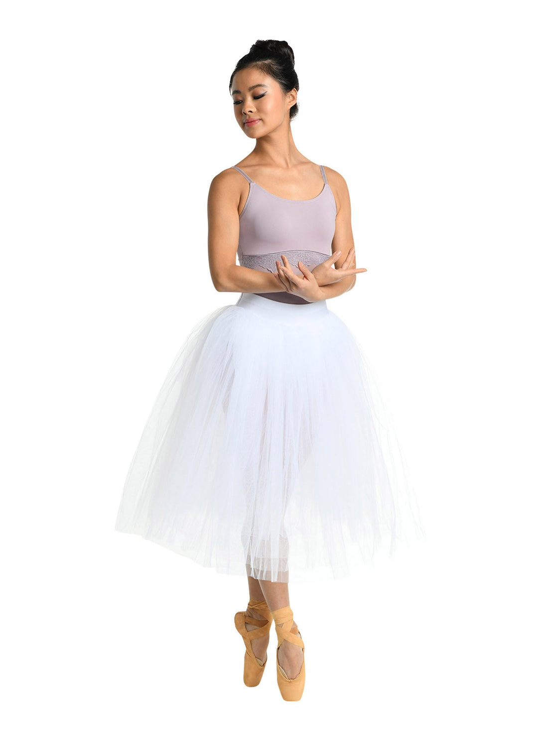 Ballerina in a white tutu and pink top on a white background