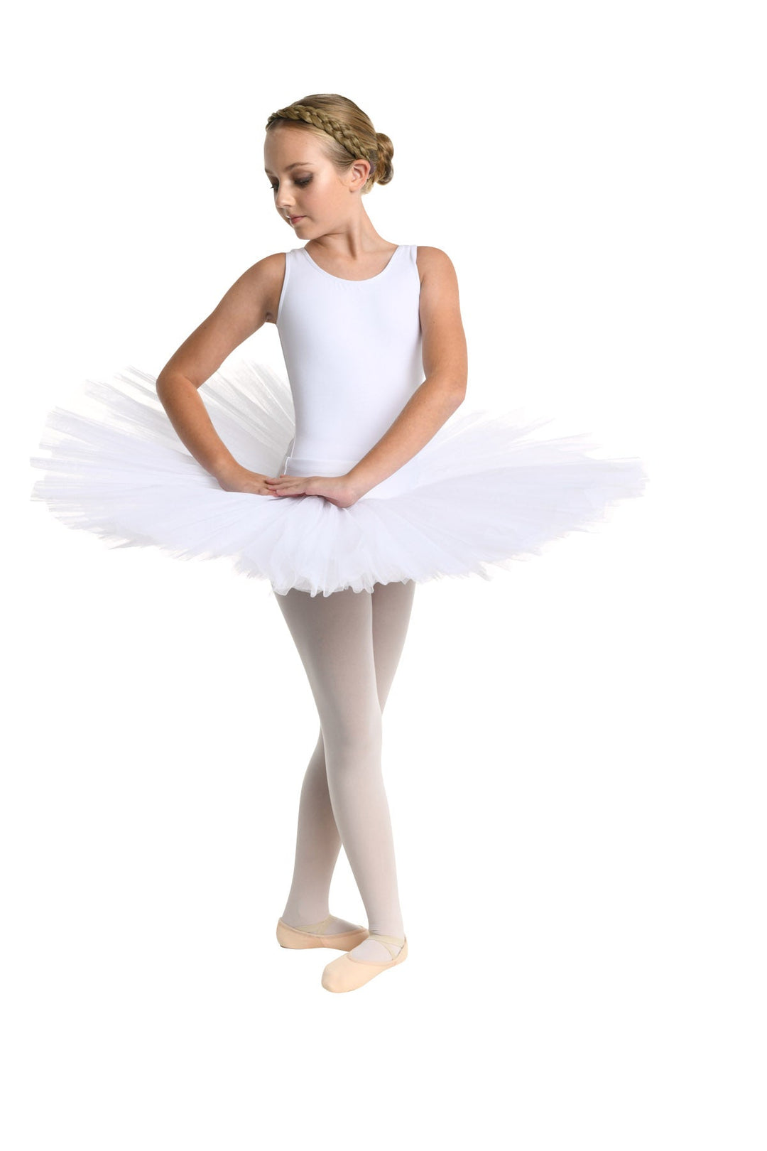 Ballerina in a white tutu on a white background