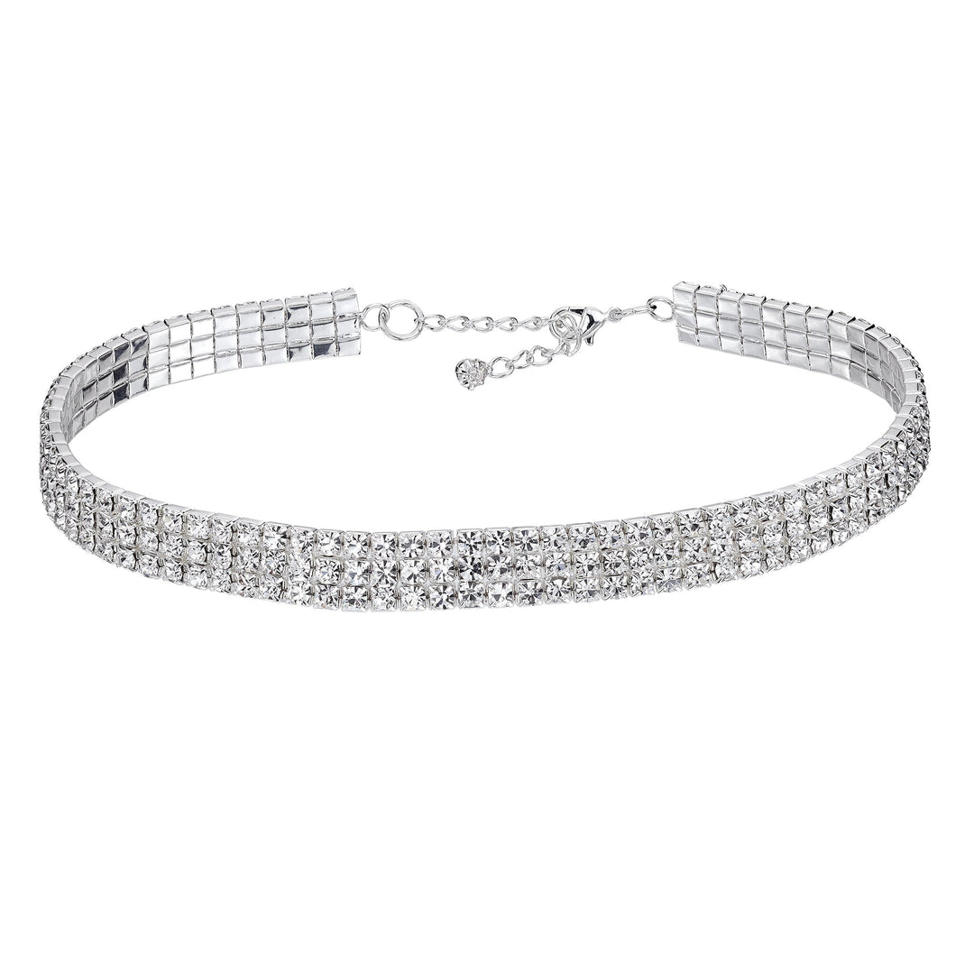 Silver choker necklace with clear stones on a white background