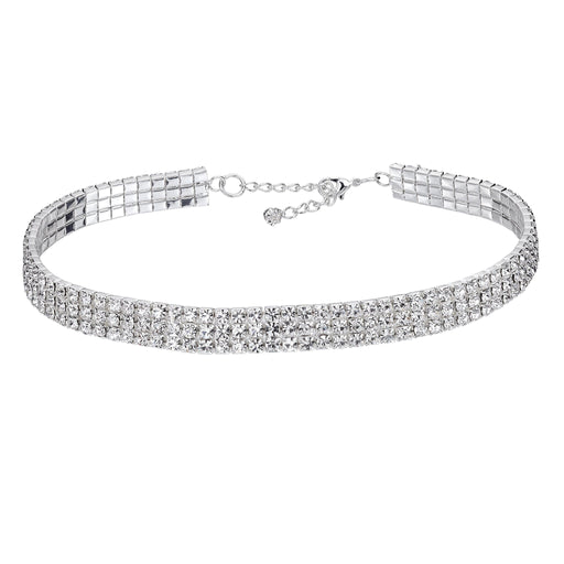 Silver choker necklace with clear stones on a white background