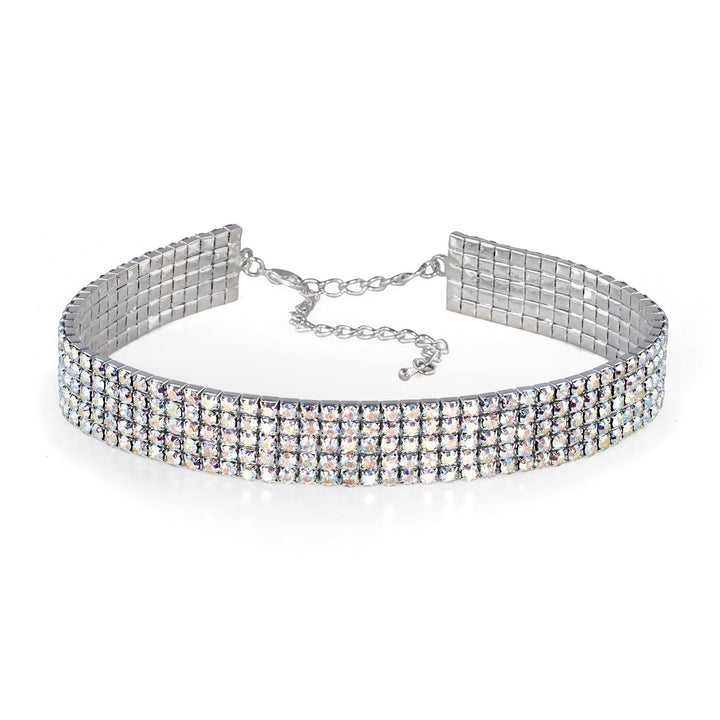 Silver choker necklace with clear crystals on a white background