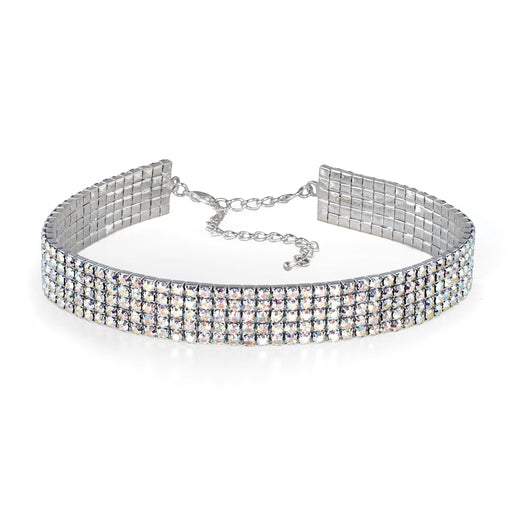 Silver choker necklace with clear crystals on a white background