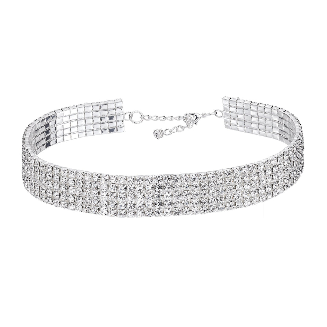 Silver choker necklace with clear stones on a white background