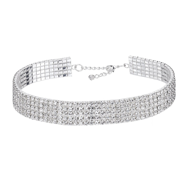 Silver choker necklace with clear stones on a white background