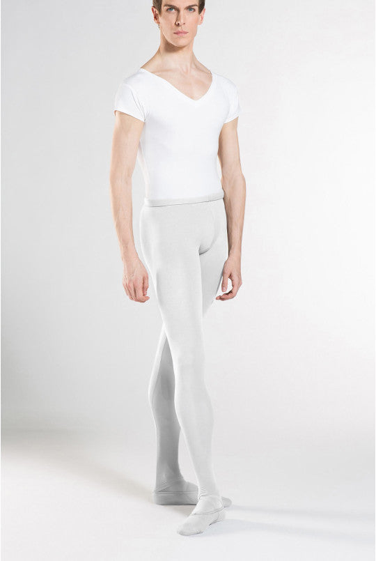 Person wearing a white top and gray tights on a white background