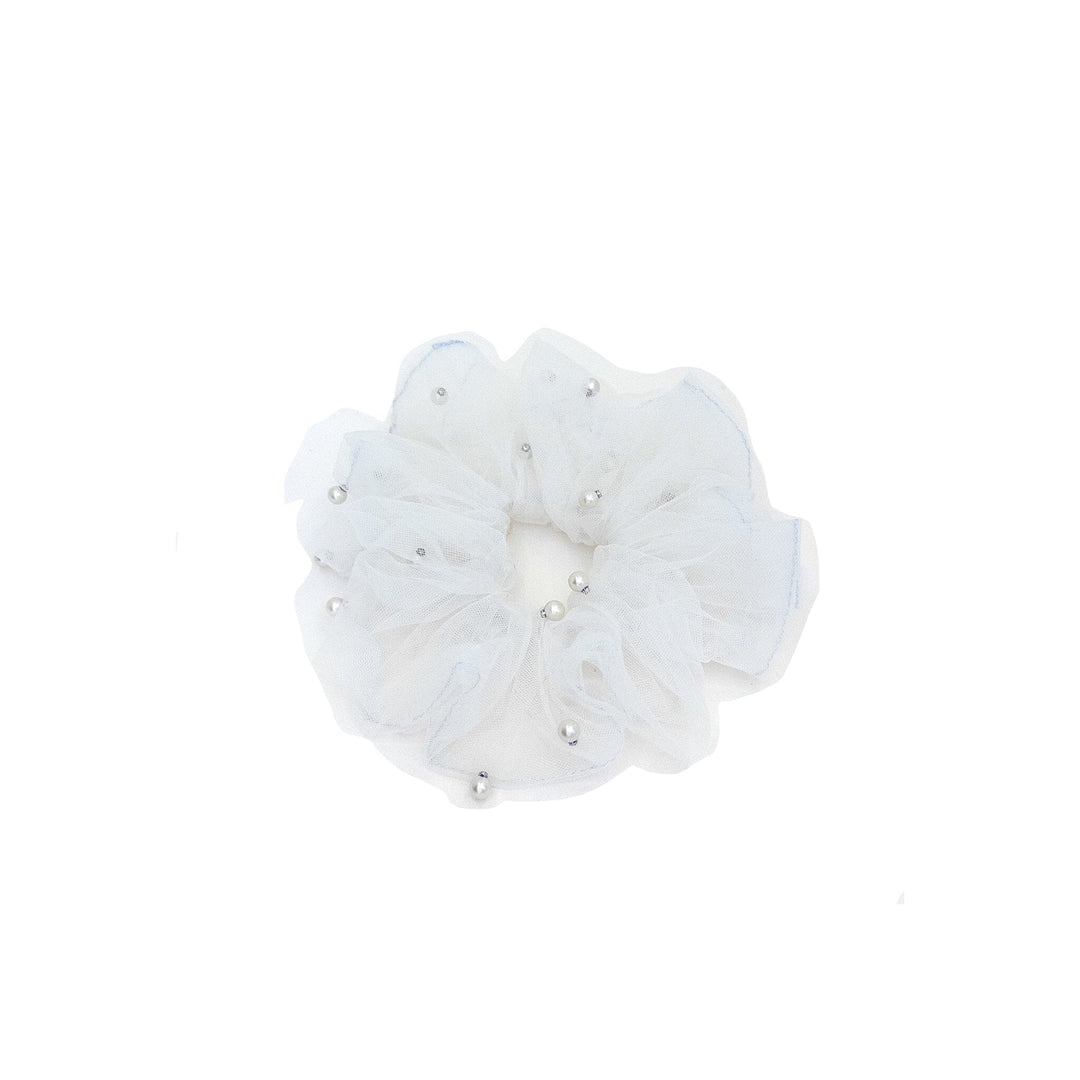 White scrunchie with pearls on a white background
