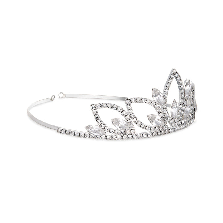 Silver tiara with clear stones on a white background
