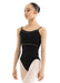 Ballerina wearing a black leotard with mesh panels on a white background