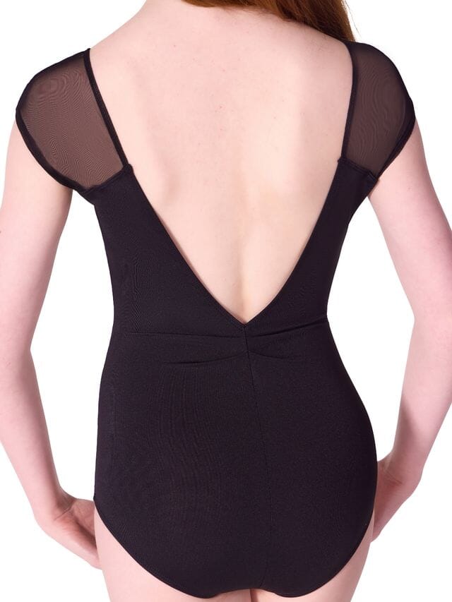 Black swimsuit with sheer mesh back panels on a white background