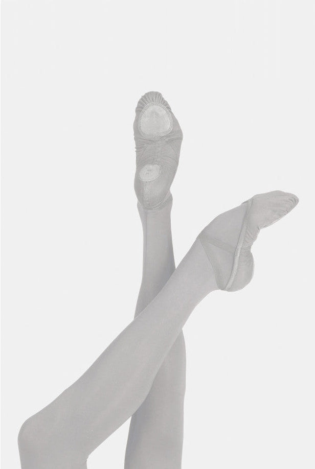 A pair of ballet slippers shown on a mannequin leg against a light gray background.