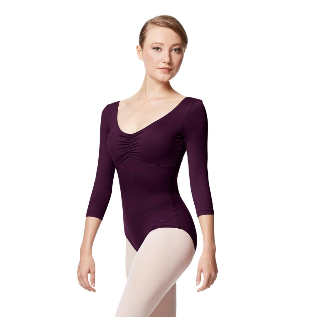 Lulli Pinch Front Long Sleeve with Bra Pockets Dance Leotard Camellia - Aubergine