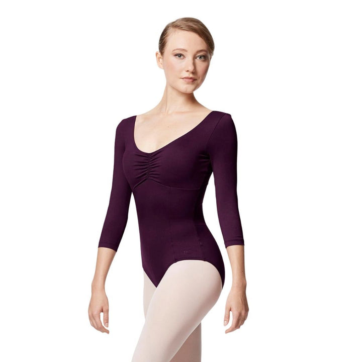 Lulli Pinch Front Long Sleeve with Bra Pockets Dance Leotard Camellia - Aubergine