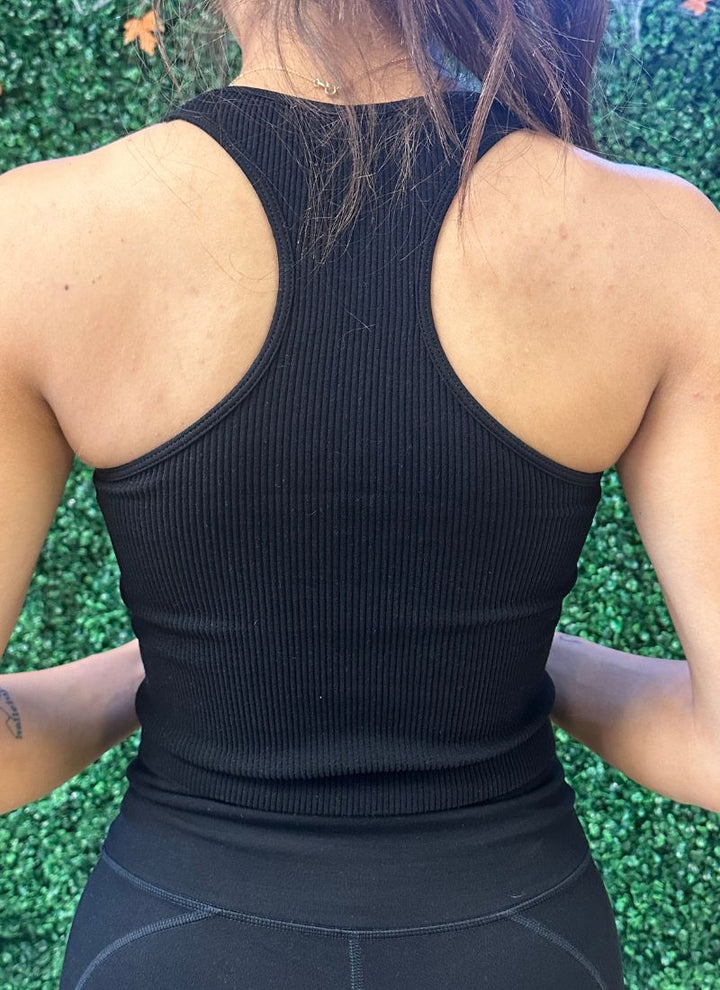 Essential Square Neck Ribbed Rib Tank Black - Back