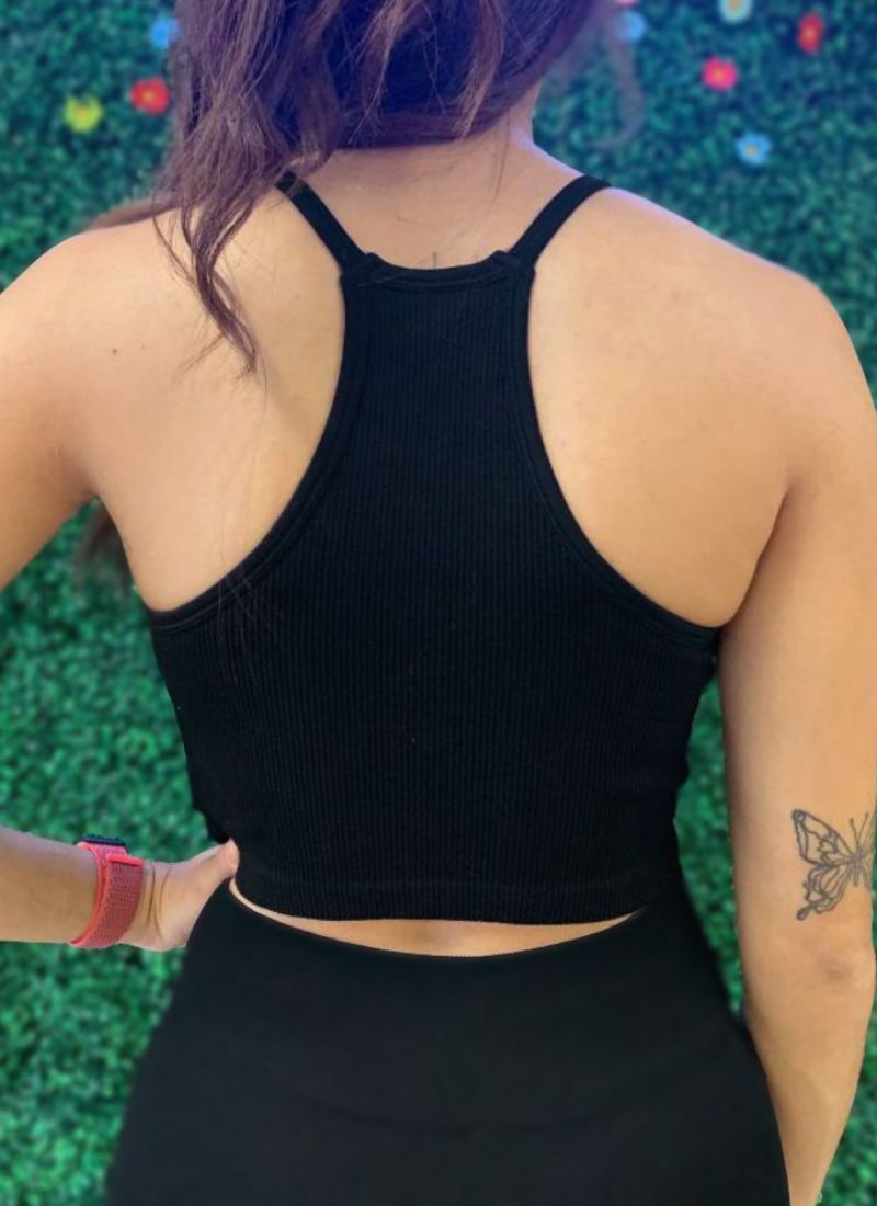Essential Racerback Ribbed Halter Crop Cami Black - Back