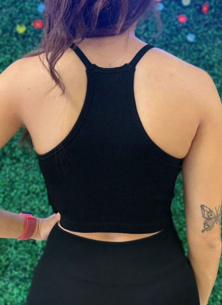 Essential Racerback Ribbed Halter Crop Cami Black - Back