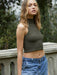 Knit High Quality Ribbed Seamless Turtle neck Sleeveless Crop Top - Moss